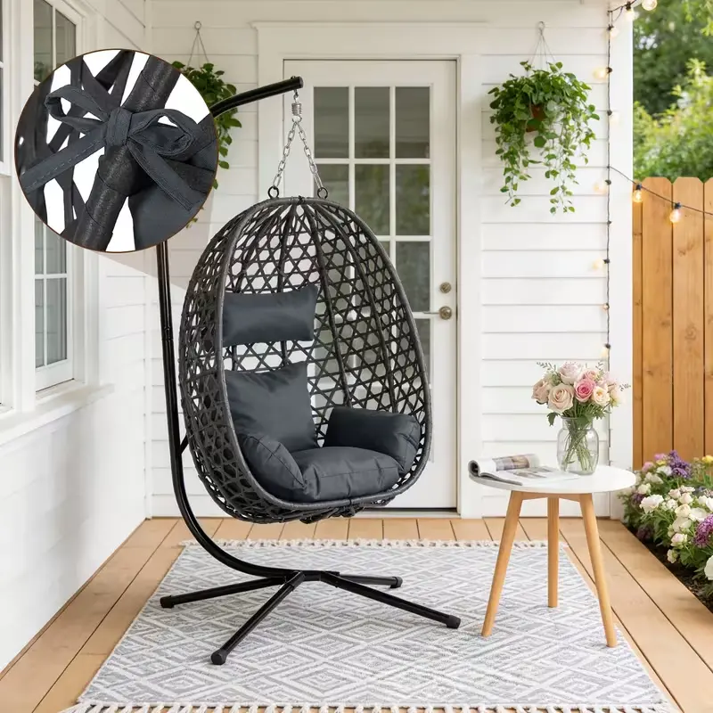 Fauteuil suspendu en forme d'oeuf SOLARA, rotin synthétique, avec support — image 2